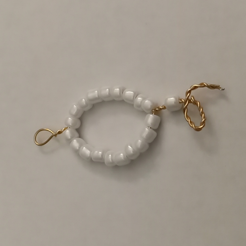 White and gold beaded wire wrapped choker necklace pendant hand crafted